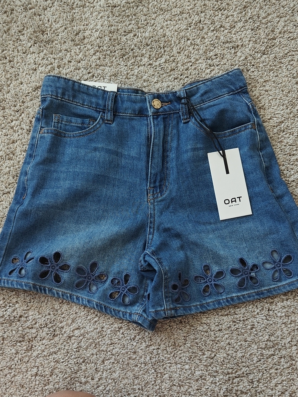 Oat New York Denim Shorts with Floral Cutout Hem